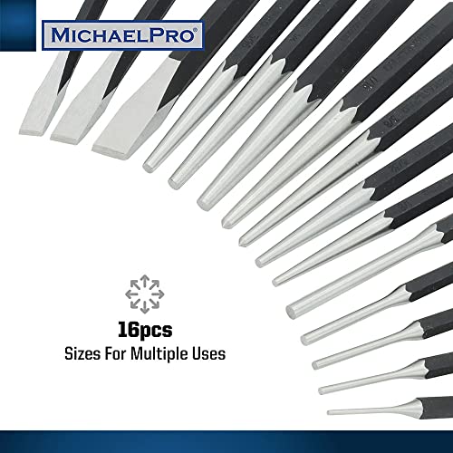 MichaelPro Punch and Chisel Set, 16-Piece Punch Set Tools with Center Punch, Pin Punch, Starter Punch, Chisel, Gauge and Tool Storage Pouch, Heavy Duty Chrome Vanadium Steel Chisels and Punch Tool Set