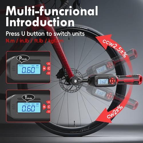 1/4" Digital Torque Wrench, 0.6-12 N.m / 0.4-9 Ft.lb, ±2% Accuracy 1/4" 0.4-9 Ft.lb (0.6-12 N.m) Red