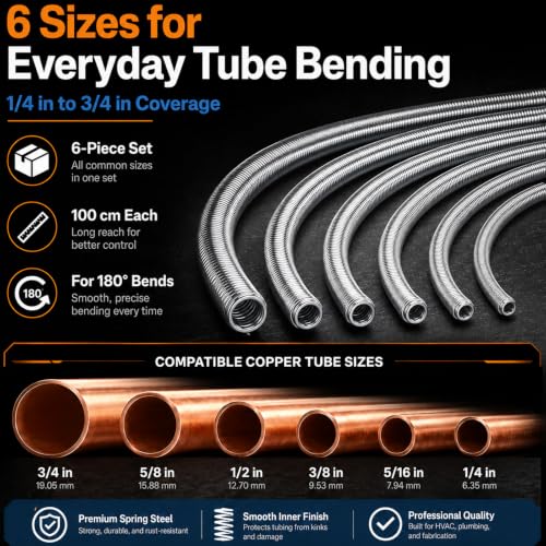 Copper Tubing Bender Set, 6 Internal Bending Springs, 43 in, 1/4-3/4 in OD