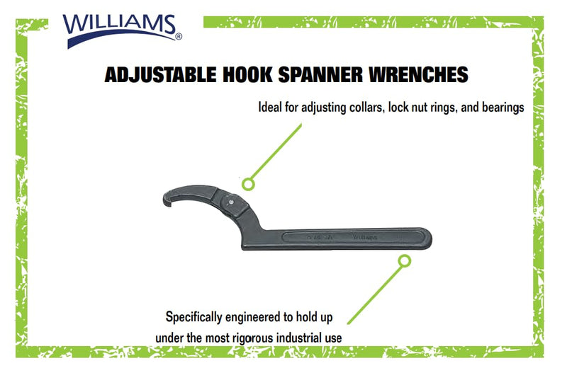 Williams JHW474 Adjustable Hook Spanner Wrench with Span Diameter of 2 to 4-3/4-Inch, Ideal for Adjusting Collars, Lock Nut Rings, and Bearings Span Diameter: 2 to 4 3/4 Inch