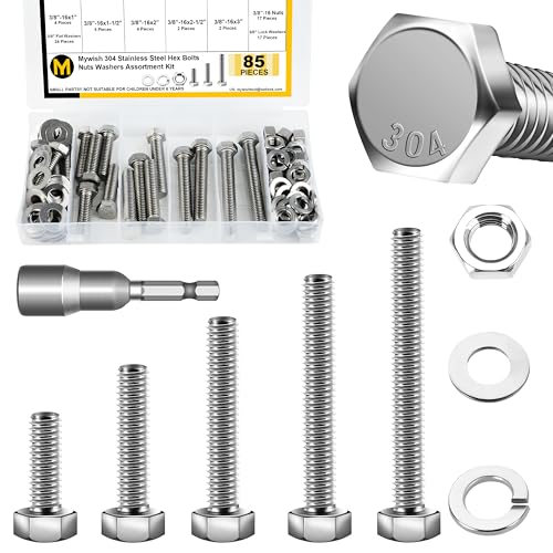 Mywish (10 Sets) 1/4-20x4 Hex Head Assorted Screws Nuts and Bolts & 85PCS 3/8 Bolt 3/8-16 Hex Nuts and Bolts Assortment Kit, 304 Stainless Steel 18-8, Fully Machine Threaded Bolts