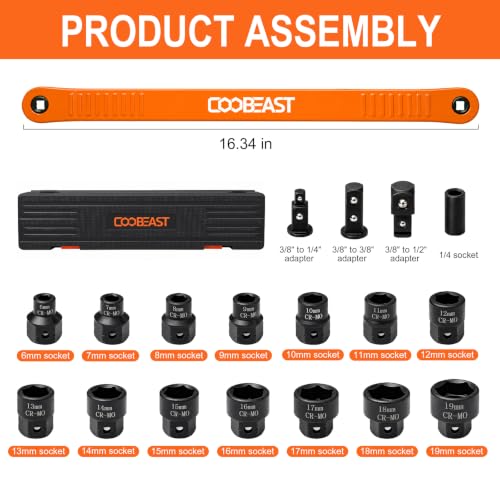 Pro Offset Extension Wrench 19PCS, Impact Wrench Extender Tools Socket Set 16.34inch Orange