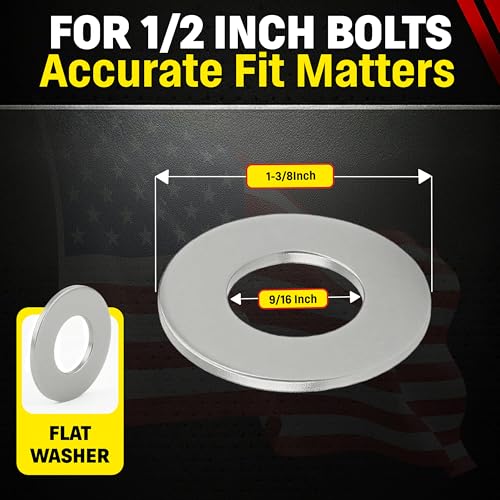 Chenango Supply 1/2 Stainless Steel Flat Washers – 304 Stainless, USS Standard, 100,000–125,000 PSI Tensile Strength, Corrosion-Resistant Hardware Washers, 50 Pieces (1/2 Flat Washer)