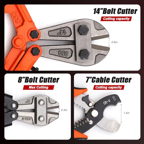 3 Piece Heavy Duty Bolt Cutter Set All in One Metal Cutting Kit 14 Inch Chain Cutter 8 Inch Mini Wire Pliers 7 Inch Cable Shear Complete Tool Set for Fencing Locks Wires DIY 3-pcs