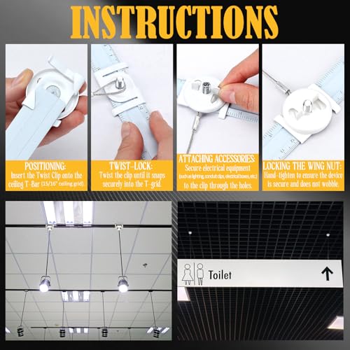 Silkfly 50 Pcs White Spring Steel T Bar to Electrical Fixture Twist Clip with Wing Nut, Mounting Clip for Installation of Suspended Drop Ceilings for 15/16 Inch T-Grid