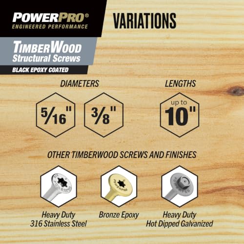 Power Pro TimberWood Structural Screws, 5/16in x 5in, 36 Pieces, Black 5/16 inch x 5 inch 36pc