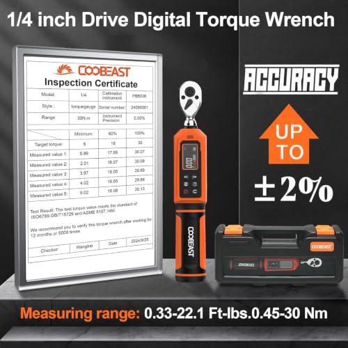 1/4 Drive Digital Torque Wrench,Preset Value(0.33-22.1 Ft.lbs./0.45-30Nm) Orange 1/4-inch (0.33-22.1 Ft.lbs./0.45-30Nm)