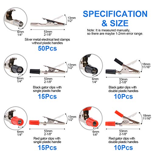 Glarks 100 Pcs Metal Alligator Clips Alligator Clips Assortment for Laboratory Testing 50pcs with Red Black Plastic Hands and 50pcs Capless 3 Styles 53mm