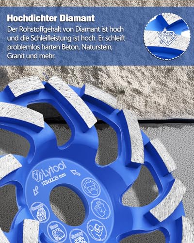 Lytool Diamond Cup Wheel 125 mm x 22.23 mm Cup Grinder Concrete Grinding Wheel | For concrete, stone, natural stone, tile adhesive, masonry granite, concrete grinder twin speed extreme cup wheel