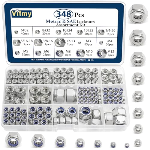 348 Pack SAE & Metric Nylon Insert Locknuts Kit and 150 Pack SAE Hex Nuts Assortment Kit,304 Stainless Steel Hardware Hex Lock Nuts Sets