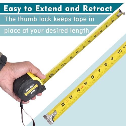 Tape Measure 25 Ft - 5 Pack Bulk Metal Retractable Tape Measure with Fractions, Easy Read, 1-inch Wide X 25 Foot Inches