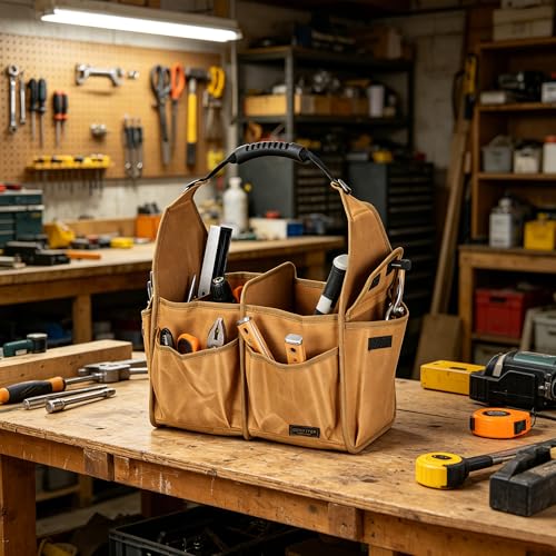 Tool Bag, 13.8-inch Heavy Duty Wide Mouth Water-Resistant Waxed Canvas Garden Bag with Reinforced Bottom for Tools, Wrenches, Screwdrivers | Khaki