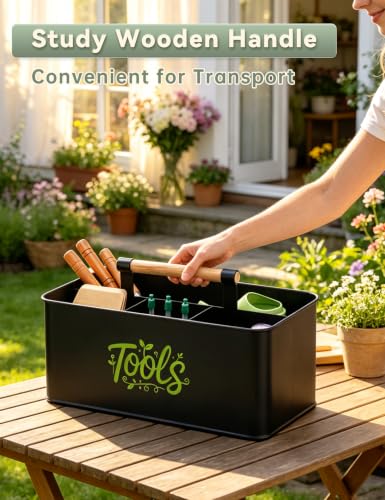 Gardening Tool Caddy, Wooden Handle and 4 Compartments Black