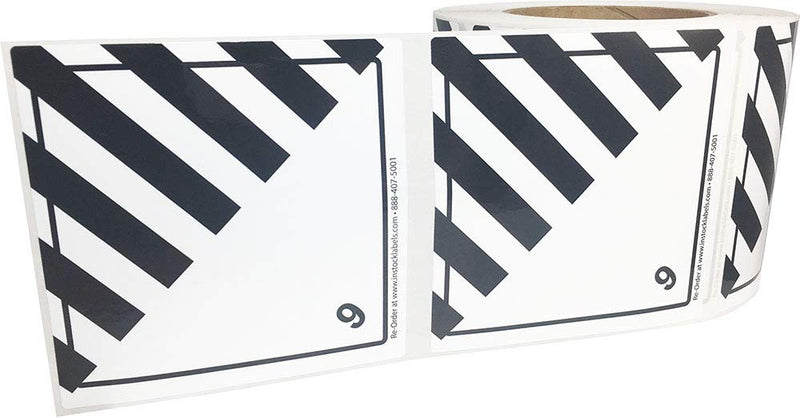 Hazard Class 9 D.O.T. Miscellaneous Dangerous Goods Labels, 4 x 4 Inch Square Black and White Hazmat Stickers, 500 Total Adhesive Labels on a Roll for Shipping and Compliance – Made in the USA