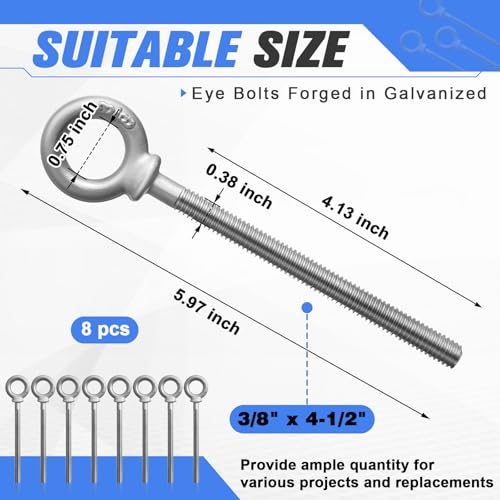 LEIFIDE 8 Pcs Eye Bolt with Nut, 3/8" X 4-1/2" Galvanized Forged Steel 3/8" X 4-1/2"