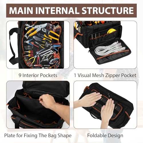 17 Inch Heavy Duty Tool Bags for Men Women, 28 Pockets Portable Tool Bag with Adjustable Shoulder Strap, Wide Mouth Tool Bag Organizer for Electricians Mechanics Carpenters