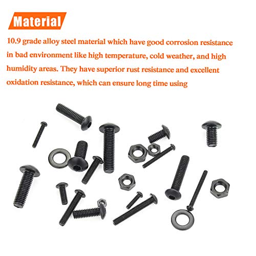 HELIFOUNER 1280 Pieces Button Head Socket Cap Screw Bolts, Flat Washers and Nuts Assortment Kit, 10.9 Grade Alloy Steel, Full Thread (M2 M3 M4 M5) M2 M3 M4 M5 Button Head Socket Cap Screws Black