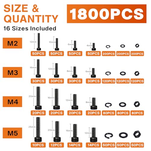 1800PCS M2 M3 M4 M5 Socket Head Cap Screw Assortment Kit M2M3M4M5 1800pcs Hex Head