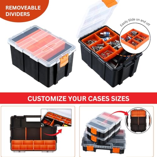 Andalus Tools Organizer Box, Small Parts Storage Multi-Compartment Portable Hardware Organizer Removable Plastic Dividers for Screws, Nuts, Bolts, Nails – Orange (4 Set, 12.2" x 9.1" x 7") 4 Pcs Set (12.2 x 9.1 x 7 Inches)