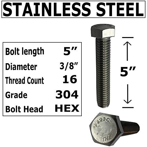 3/8" -16 x 5-304-STAINLESS Steel Bolts, Nuts & WASHERS - 18-8 HEX Head Bolt - 304 Grade. General Purpose (10) Bolts + (10) Nuts + (10) Washers
