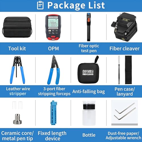 Fiber Optic Terminal kit 9-in-1 FTTH Tool kit Equipped with S-6C Optical Fiber Cleaver and high Precision Optical Power Meter D7 (-70~+10dBm) Well as Wire Stripper Tool