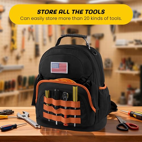 Tool Backpack Heavy Duty with Removable Organizer, Electrician Backpack for Tools with Multiple Pockets & Padded Shoulder for Plumber, HVAC, Cable Technician Yellow