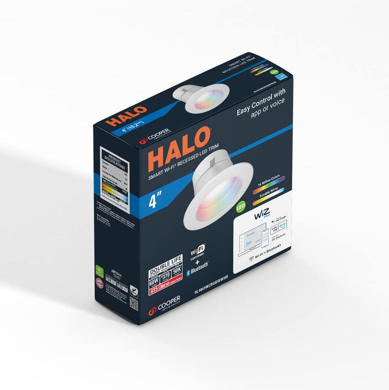 HALO 4 in Smart Wi-Fi Recessed LED Downlight Connected by WiZ Pro with SpaceSense Motion Detection, Dimmable, Full Color Changing, 600 Lumens, Wet Rated Ceiling Light - RL4069WZRGBWWHR 4 inch Use with Housing / Can