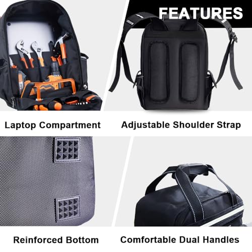 Tool Backpack for Men 18 Inch Heavy Duty Waterproof Multiple Pockets Tool Bag Organizer with Shoulder for Electrician Mechanics HVAC Engineer Black