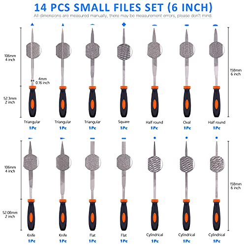 Glarks 25Pcs Hand Metal File Set Include 4Pcs Flat/Triangle/Half-round/Round Large File, 12pcs Needle Files, 1 brush, 4pcs Sandpaper and 4 Way Wood Rasp File for Shaping Metal, Wood, and Tools