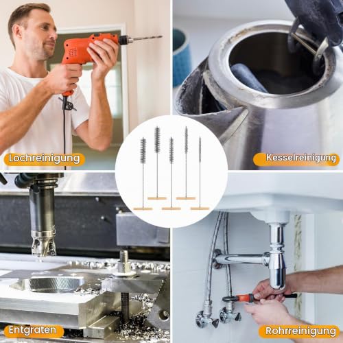 5 Piece Drill Hole Brush Set, 8 mm/12 mm/16 mm/20 mm/25 mm T-Handle Tube Brush | Round hole brush, cleaning brush, pipe cleaner brush for impact drills, efficient drill hole cleaning