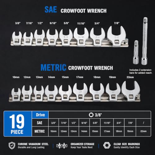 19PCS Crows Foot Wrench Set, SAE & Metric Crowfoot Wrench Set with 2 Connectable Extension Bars, 3/8" Drive CR‑V Steel, Metric 10‑22mm & SAE 3/8"‑7/8" Metric and SAE