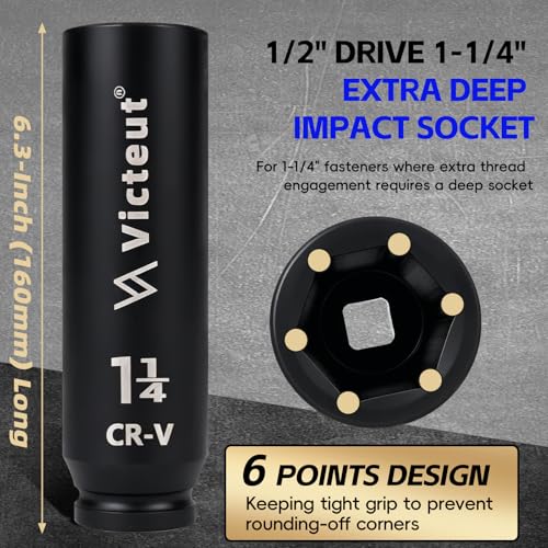1/2" Drive 1-1/4" Extra Deep Impact Socket，6.3-Inch (160mm) Long，6-Point, Heat Treated Cr-V Alloy Steel, One-Piece Forged, No Torque Loss