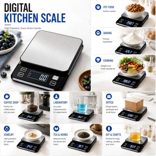 Waterproof Digital Kitchen Scale 0.1g Precision, Stainless Steel Electronic Scale with 3 Power Options (Rechargeable/AAA/Built-in), 10 Units Conversion, Smart Standby, 10kg Capacity 0.1g/10kg Black
