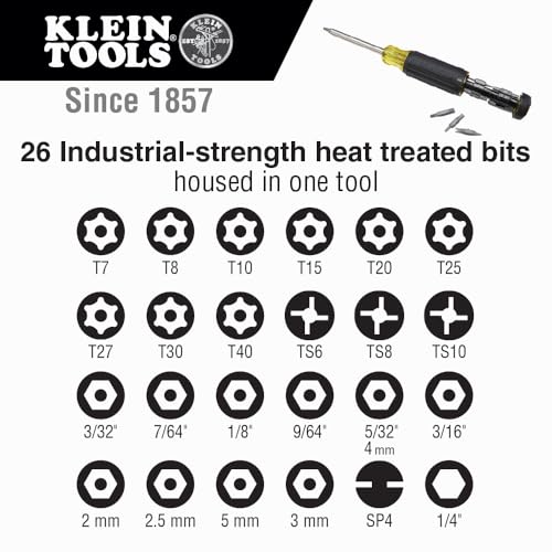 Klein Tools 32307 Multi-bit Tamperproof Screwdriver, 27-in-1 Tool with Torx, Hex, Torq and Spanner Bits with 1/4-Inch Nut Driver 27-in-1 Tamperproof