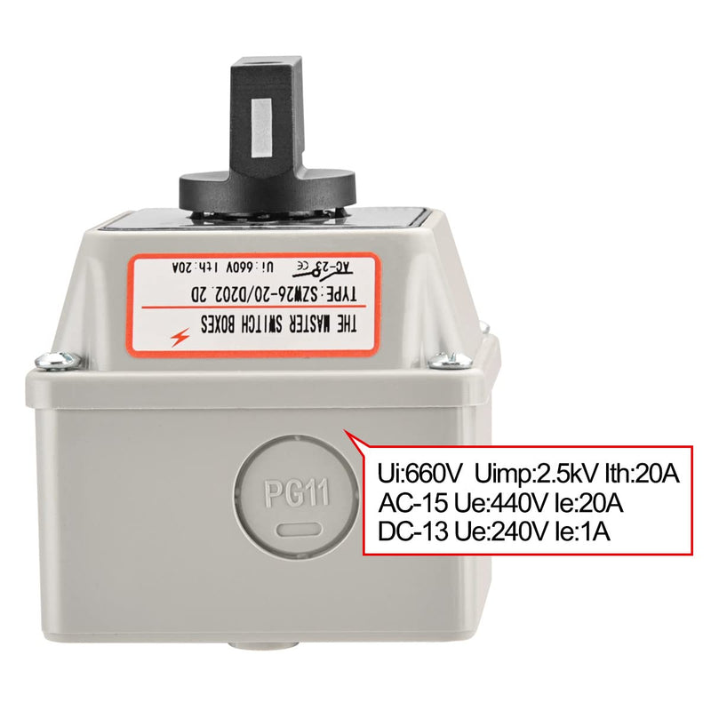 Heschen universal rotary switch, SZW26-20/D202.2D, 660V 20A, ON-OFF-ON 3 positions, 2 phases, 8 terminals, with main switch external box (standard box) standard box