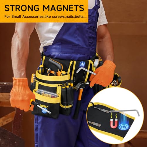 2 in 1 Magnetic Tool Belt Pouch Bag with Drill Holster,27-Pockets Heavy Duty Tool Belts for Men,Work Belts with Impact Holster for Electrician,Carpenter,Construction,Utility Belt,Yellow