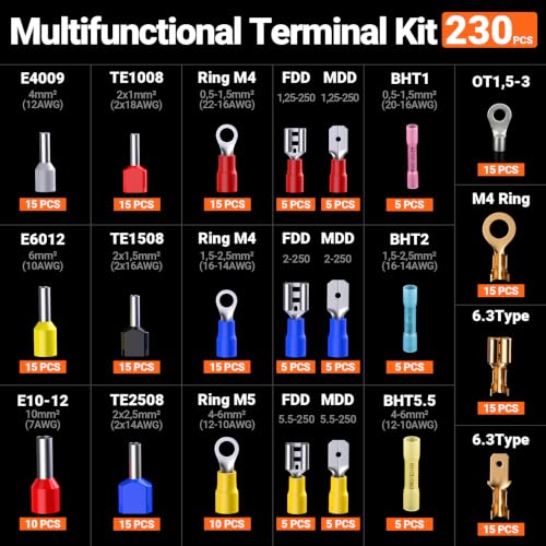 Preciva 6PCS Crimping Tool Set with 230PCS Connecting Accessories 230-Piece Terminal Kit