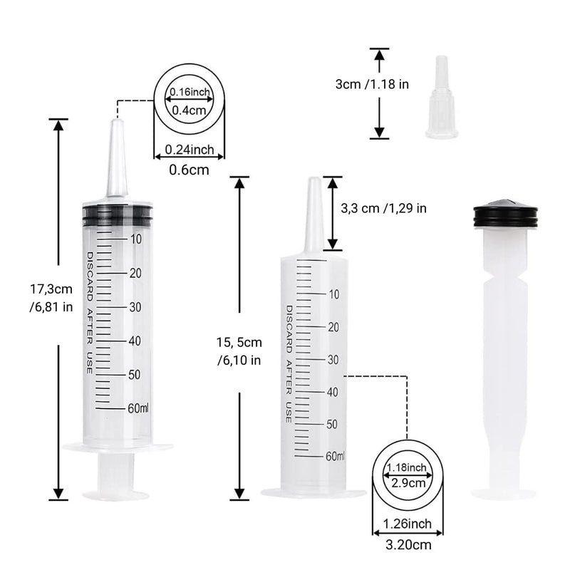 Pack of 2 syringes 60 ml/cc with tubes and blunt needles, reusable, individually packed, sterile, measuring liquids, plant irrigation, animal feeding, scientific laboratories, industry 2x 60ml + 2x cannula + 2x tube