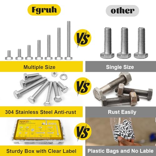224PCS 1/4-20 Hex Bolts and Nuts Assortment Kit, 304 Stainless Steel SS 1/4-20 224pcs
