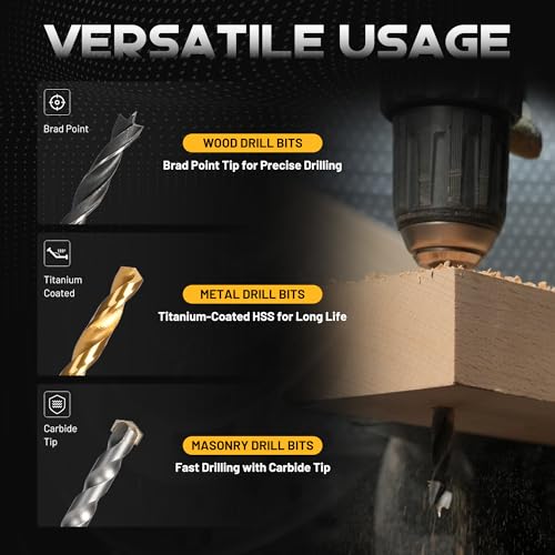 TOLESA 105pcs Drill Bit Set Titanium Coated, High Speed Steel Twist Driver Bit Set for Metal, Wood & Masonry, Screwdriver Bits Set, Countersink & More with Organizer Case 105