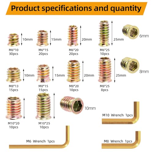 Threaded Inserts for Wood 151 PCS M6 M8 M10, Heavy Duty Carbon Steel Wood Insert Nuts Kit, Hex Socket Screw-in Furniture Nuts with Wrenches for Bed Frame, Cabinet, Chair Repair