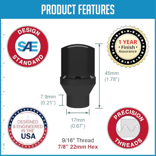 Wheel Accessories Parts 20 Pcs 9/16"-18 Thread ET OEM Style Lug Nuts 1.77" Long Black 7/8" 22mm 6036433AA ｜ 611-204 Fits Dodge RAM 1500 ｜ RAM 1500 Classic 20 Pack Factory Style ET