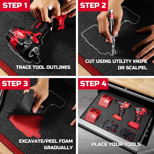 ONREVA Tool Box Foam Organizer 38x16x1 inch 3Pack, Kaizen Sheets for Pro Tool Control, Custom Tool Shadow Inserts for Cases & Drawers, High Density Polyethylene Foam, Black with Red