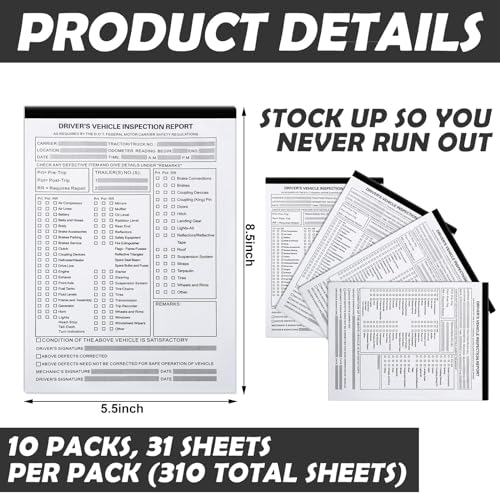 Motiskyy 10 Pack Detailed Driver's Vehicle Inspection Report 5.5" x 8.5" Daily Pre Trip Inspection Book 2-ply Carbonless for Drivers and Truckers, 31 Sets of Forms Per Dvir Book