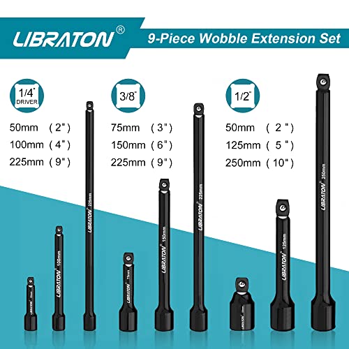LIBRATON Wobble Extension Set, Socket Extensions Set, Ratchet Extensions 1/4", 3/8", 1/2", Cr-V, with EVA Storage Tray 9PCs-Black
