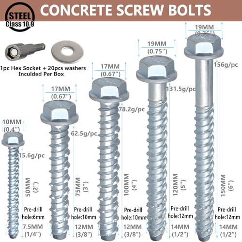 20PCS 3/8"(10mm) x 3" Heavy Duty Concrete Screw Bolts Hex Head,Masonry Bolts for anchoring to Brick or Block, Zinc Plated Anchors,Includes Washers & Hex Socket, Strong, Durable, Easy Install 3/8" x 3" 20PCS