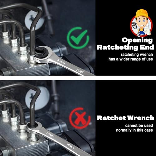 KJE 6PCS Metric 10-17mm Ratcheting Flare Nut Wrench, Brake Line Wrench Set, Ratcheting open end Tubing Wrench Set, 72-Tooth, CR-V, for Nuts on Fuel, Brake or Air Conditioning Lines, Gifts for Men 6PCS 10-17mm Ratcheting
