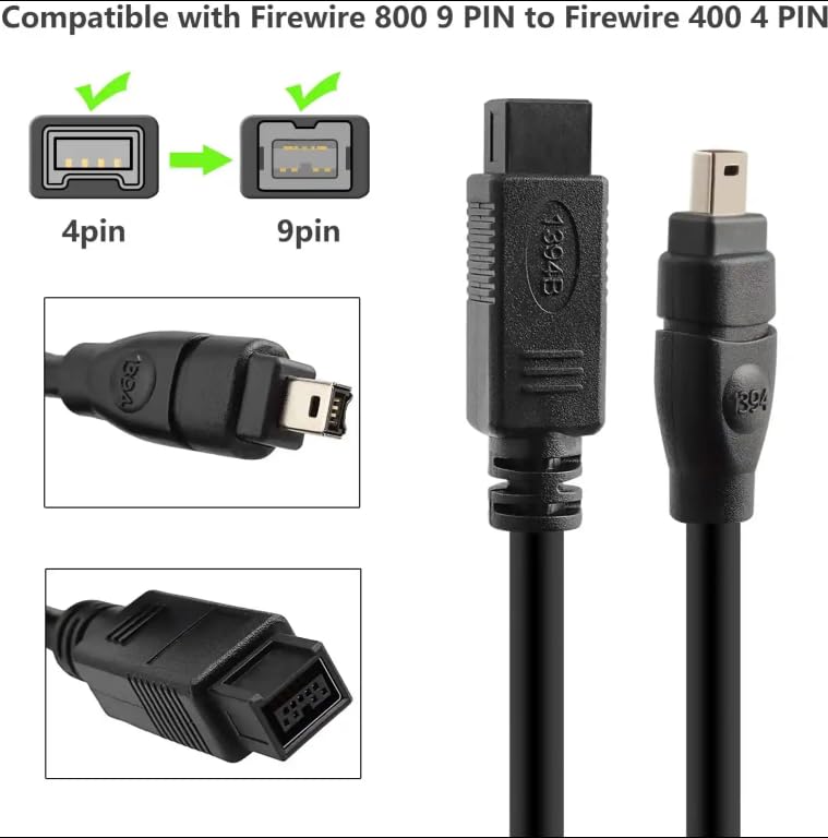 Herfair Firewire Cable IEEE 1394 9Pin to 4Pin Wire Firewire 800 to 400 Cable for DV Camera Camcorder (6ft, 9Pin Firewire 800 to 4Pin Firewire 400)