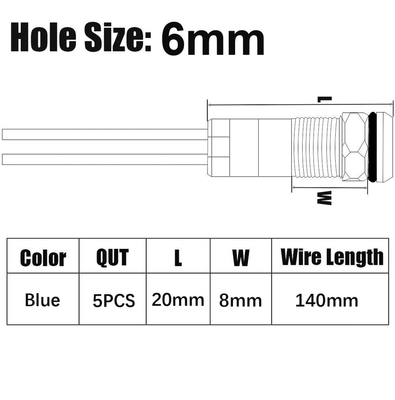 Gebildet Pack of 5 6mm 3V-4.5V-5V-6V-7.5V-9V LED Metal Indicator Light Waterproof Signal Lamp Pilot Dash with Wire (Blue) Blue (6mm)