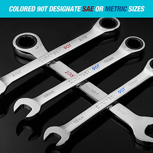 DURATECH 90-Tooth Ratcheting Wrench Set, Combination Wrench Set, 8-Piece, Metric, 8, 10, 12, 13, 14, 15, 17, 19mm, CR-V Steel, Organized in Wrench Rack